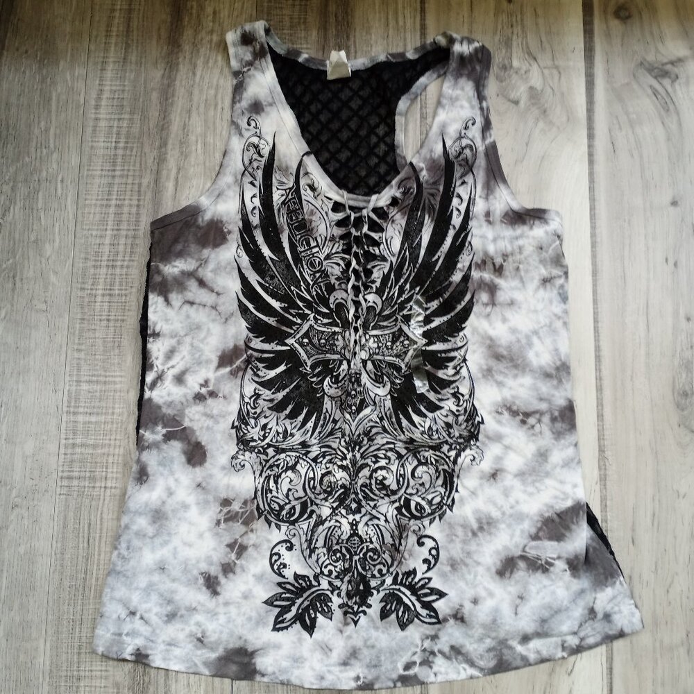 AFFLICTION XL Tank Top Women's Sheer Back NEW